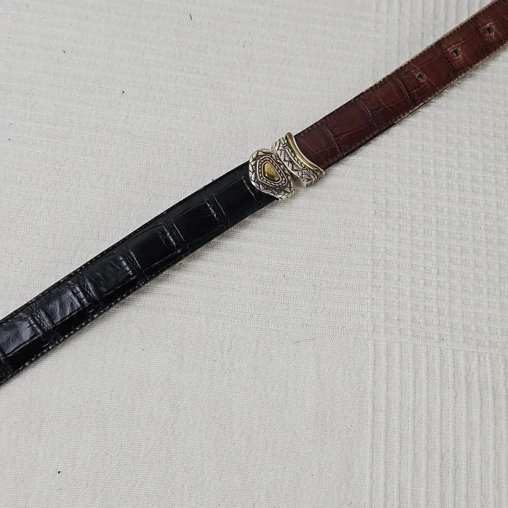Western Flip Reversible Belt Sz 32 Black Brown Croc Embossed Leather Silver Gold